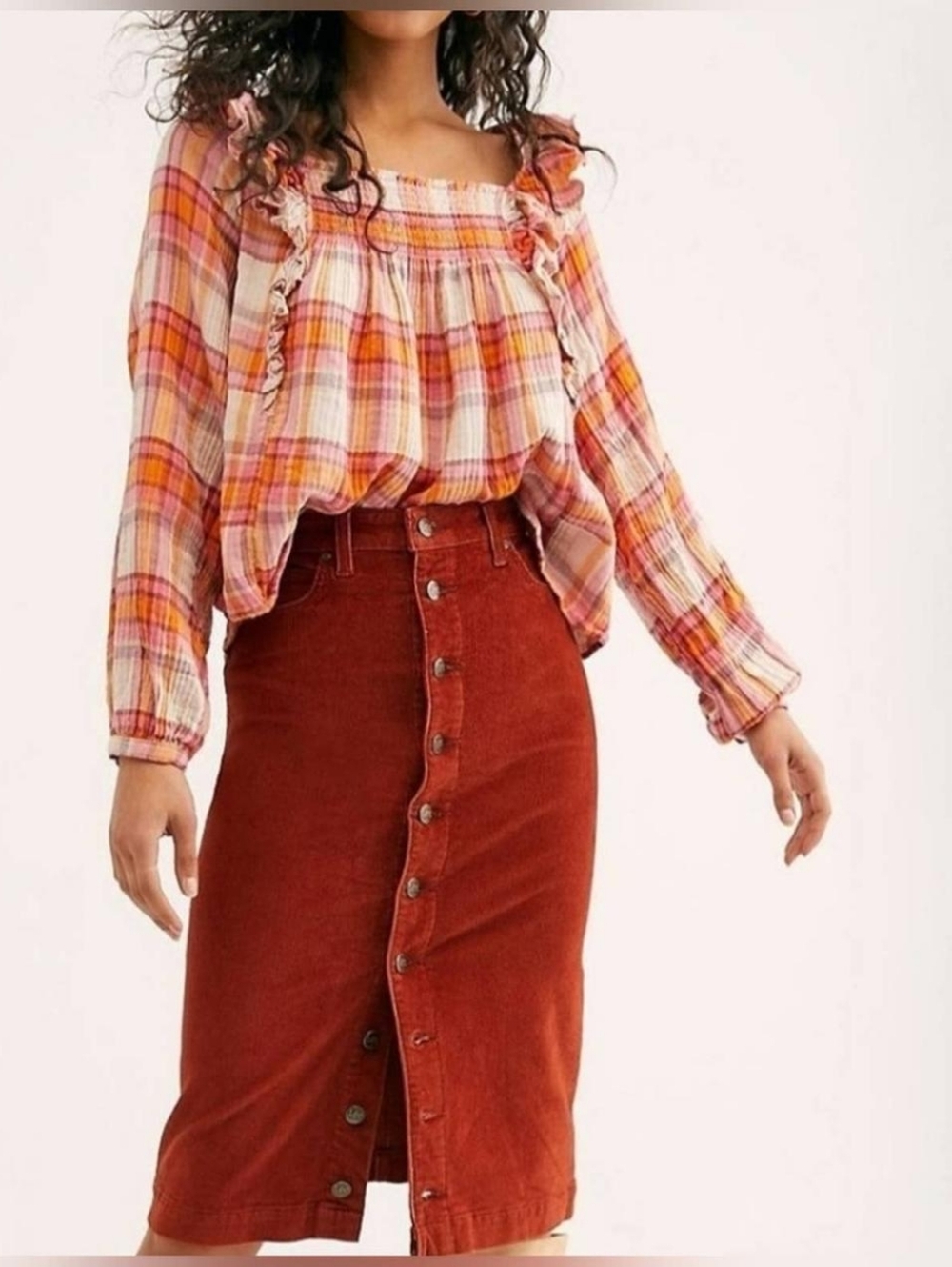 Free People Orange Siena Ruffle Plaid Long Sleeve Blouse, Medium,Boho Chic Retro